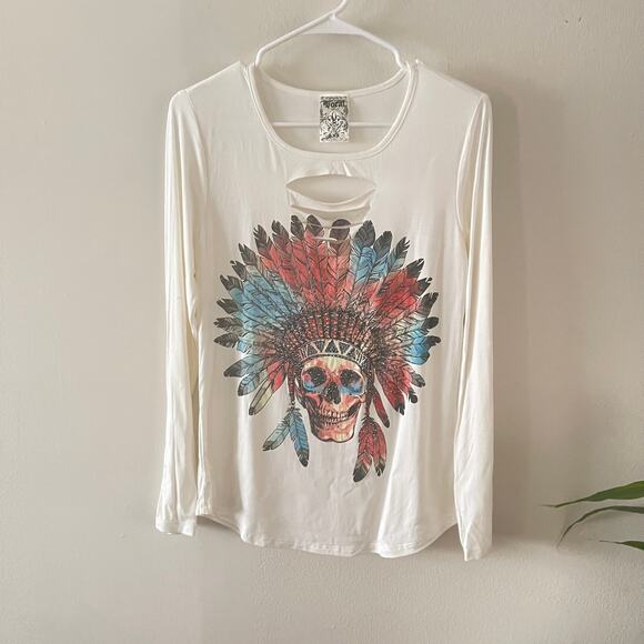 Vocal Native American Skull Graphic Tee Women Medium White Embellished Boho Chic - Picture 1 of 6